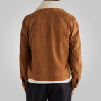 Mens Fur Collar Brown Suede Leather Trucker Jacket