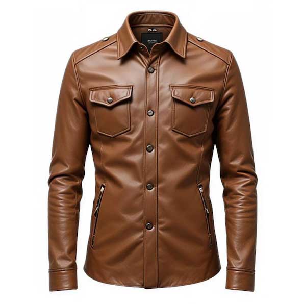 Mens Genuine Brown Leather Shirt Jacket Motorcycle Style