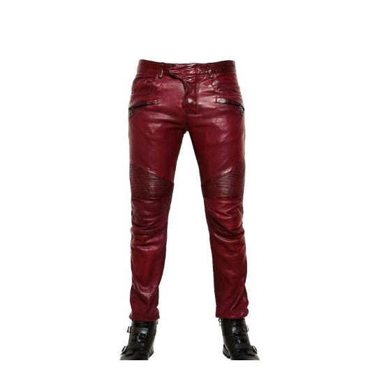 Men's Red Burgundy Lambskin Leather Pants | Waxed Genuine Leather