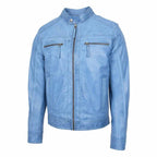 Mens Leather Biker Jacket in Sky Blue