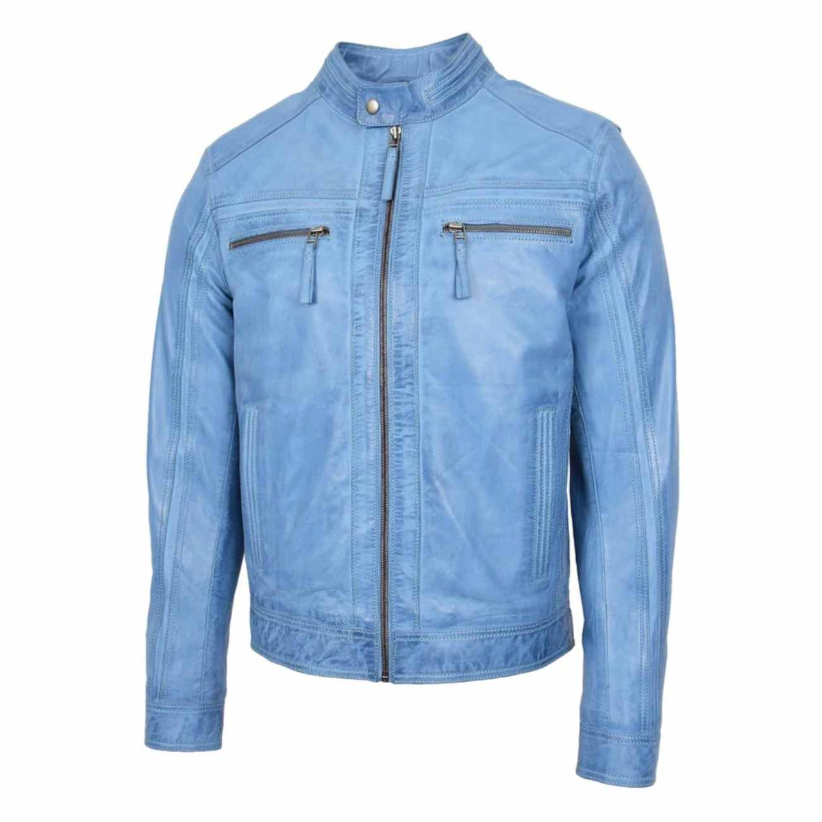 Mens Leather Biker Jacket in Sky Blue