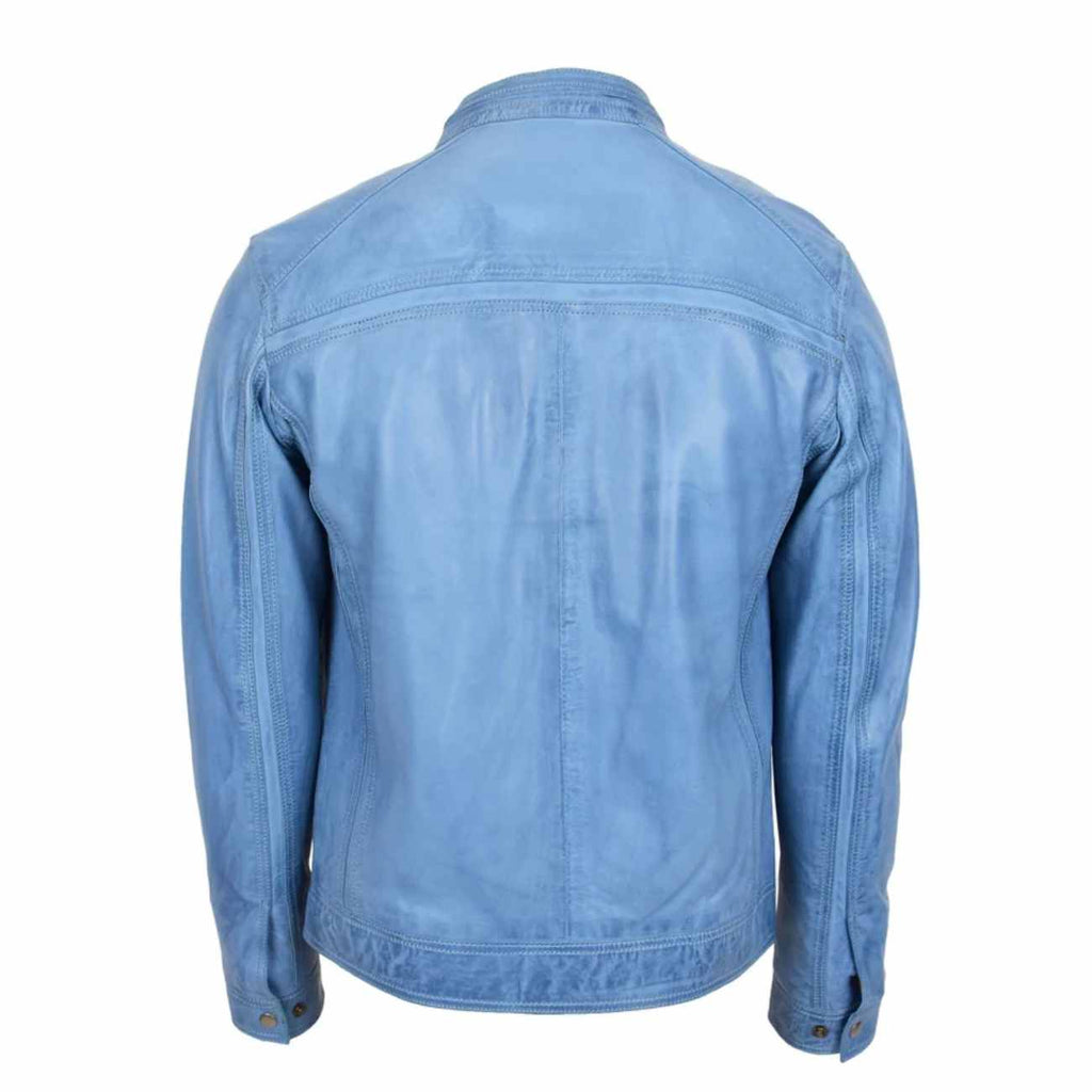 Mens Leather Biker Jacket in Sky Blue