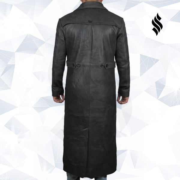Mens Leather Black Winter Trench Coat - Full Length Overcoat