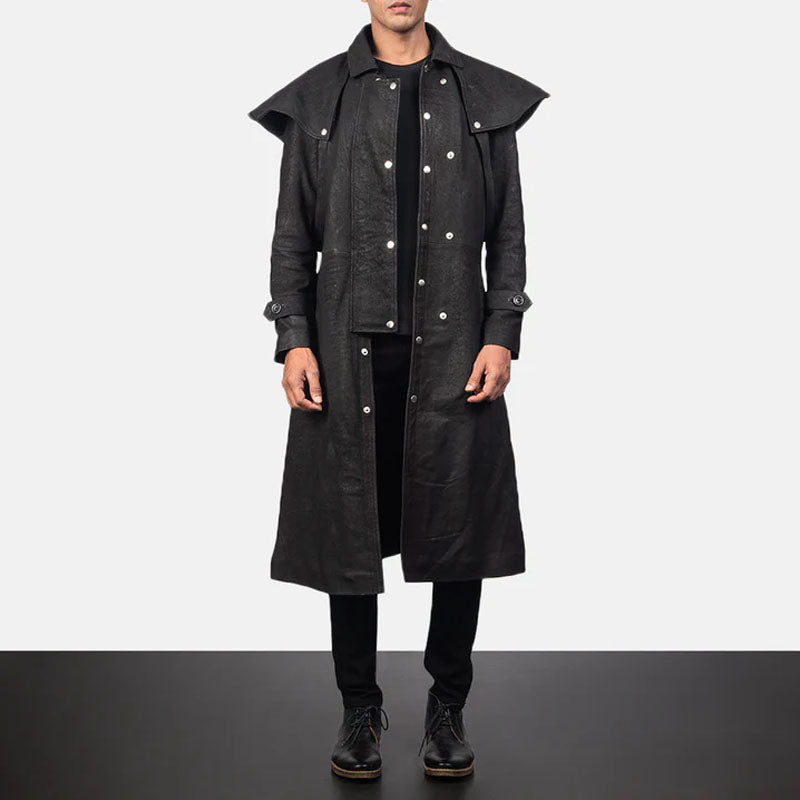 Mens Sheepskin Studded Black Leather Duster Coat