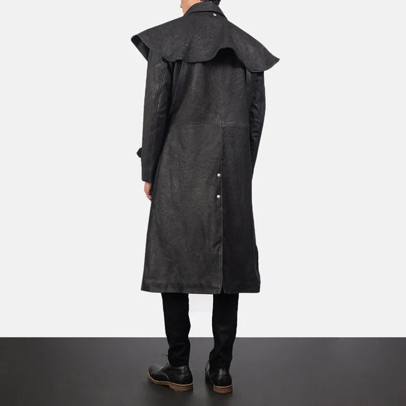 Mens Sheepskin Studded Black Leather Duster Coat