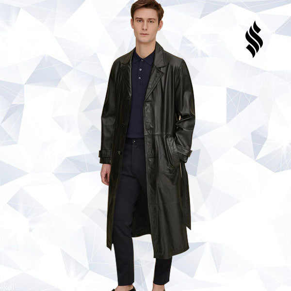 Mens Retro Leather Vintage Long Trench Coat