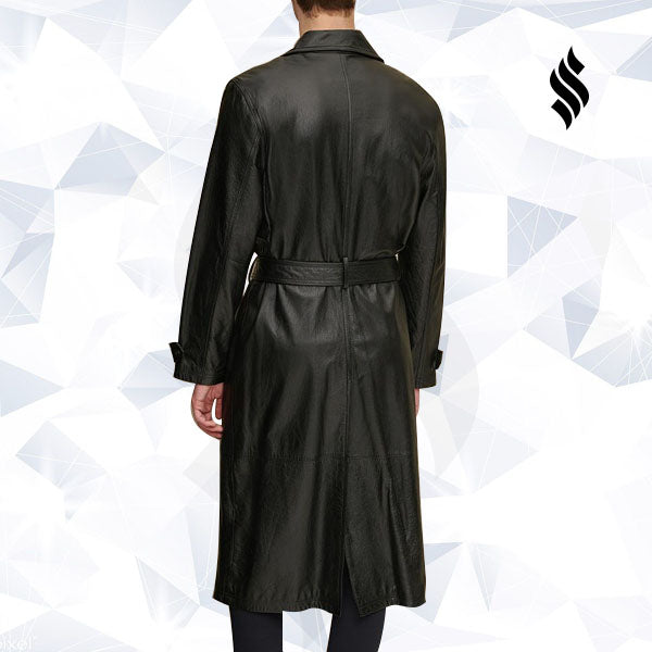 Mens Retro Leather Vintage Long Trench Coat
