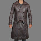 Men's Rorschach Distressed Brown Traveling Winter Long Leather Trench Coat