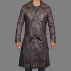 Men's Rorschach Distressed Brown Traveling Winter Long Leather Trench Coat