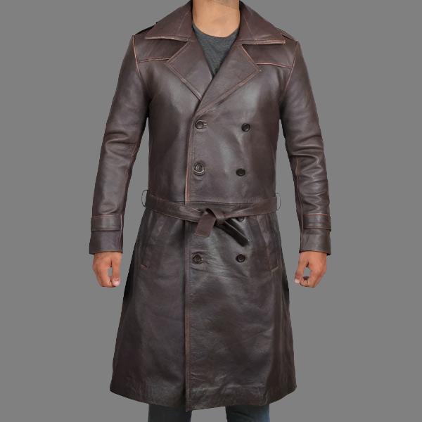 Men's Rorschach Distressed Brown Traveling Winter Long Leather Trench Coat