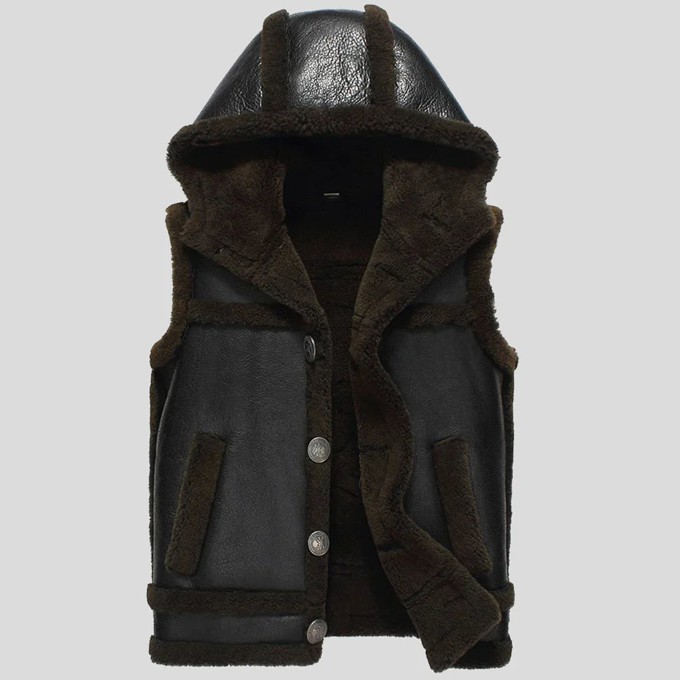 Mens Sheepskin Shearling Vest with Hood Black