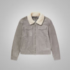 Men's White Fur Collar Grey Suede Leather Trucker Jacket
