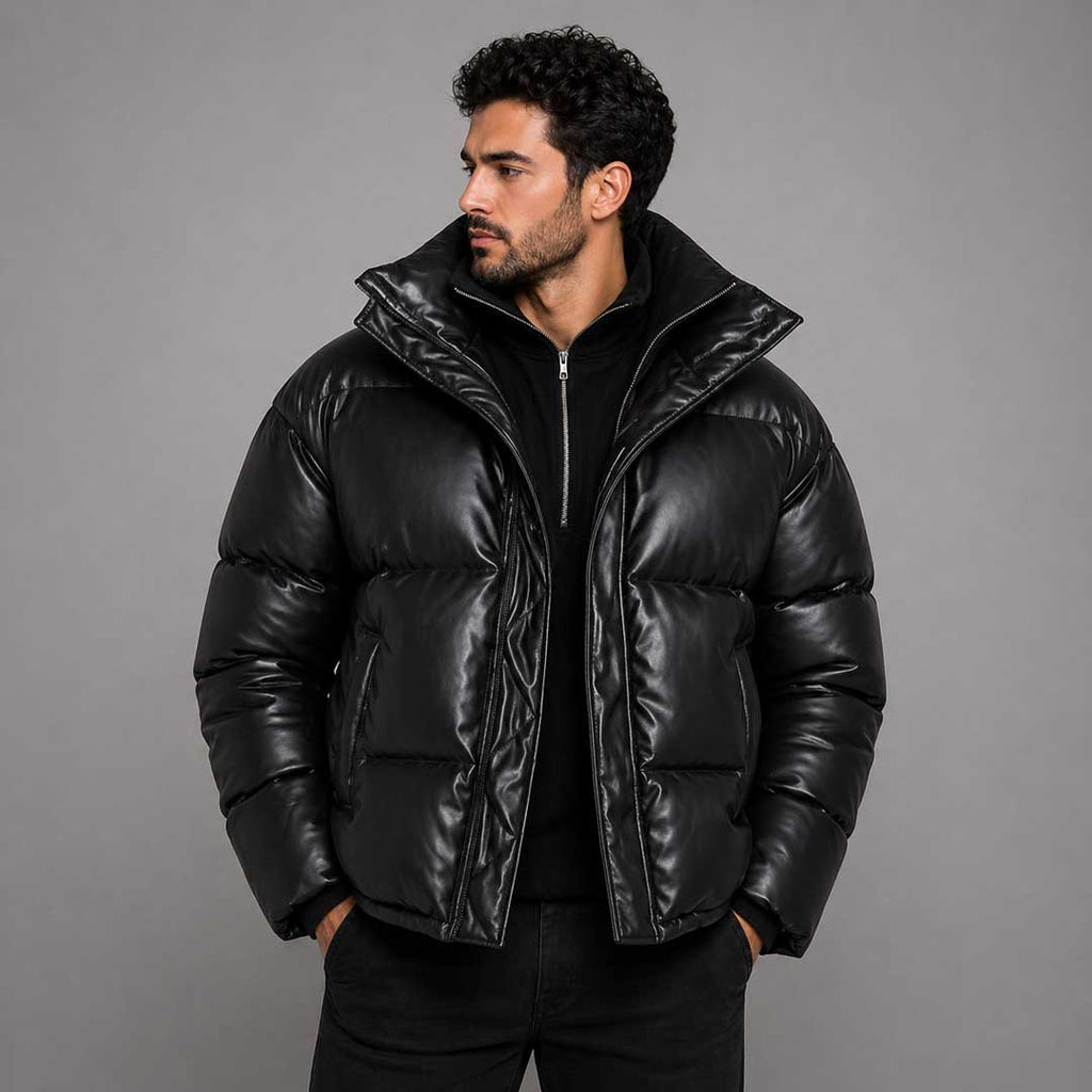 Mens Faux Leather Puffer Jacket Black
