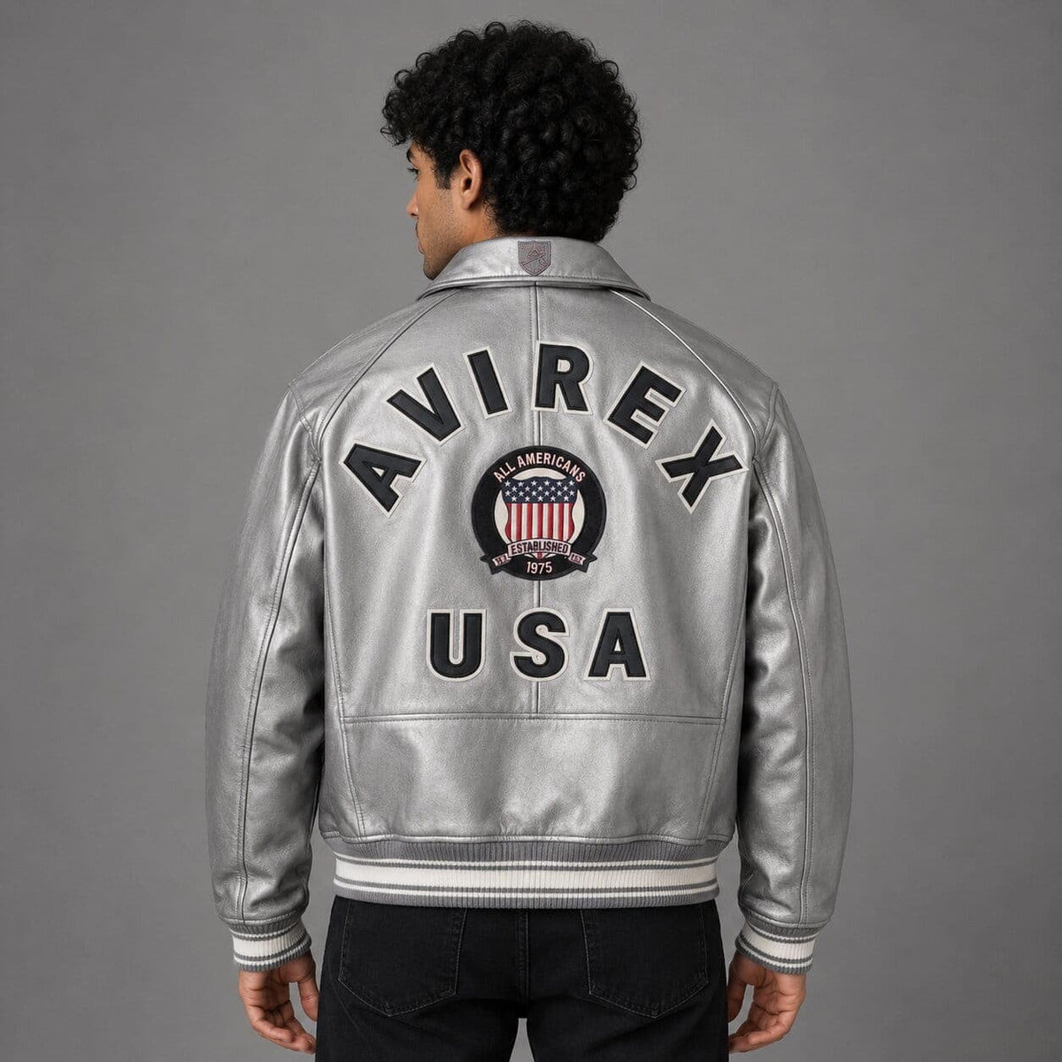 Avirex Silver Sheepskin Leather Flight Bomber Jacket Men