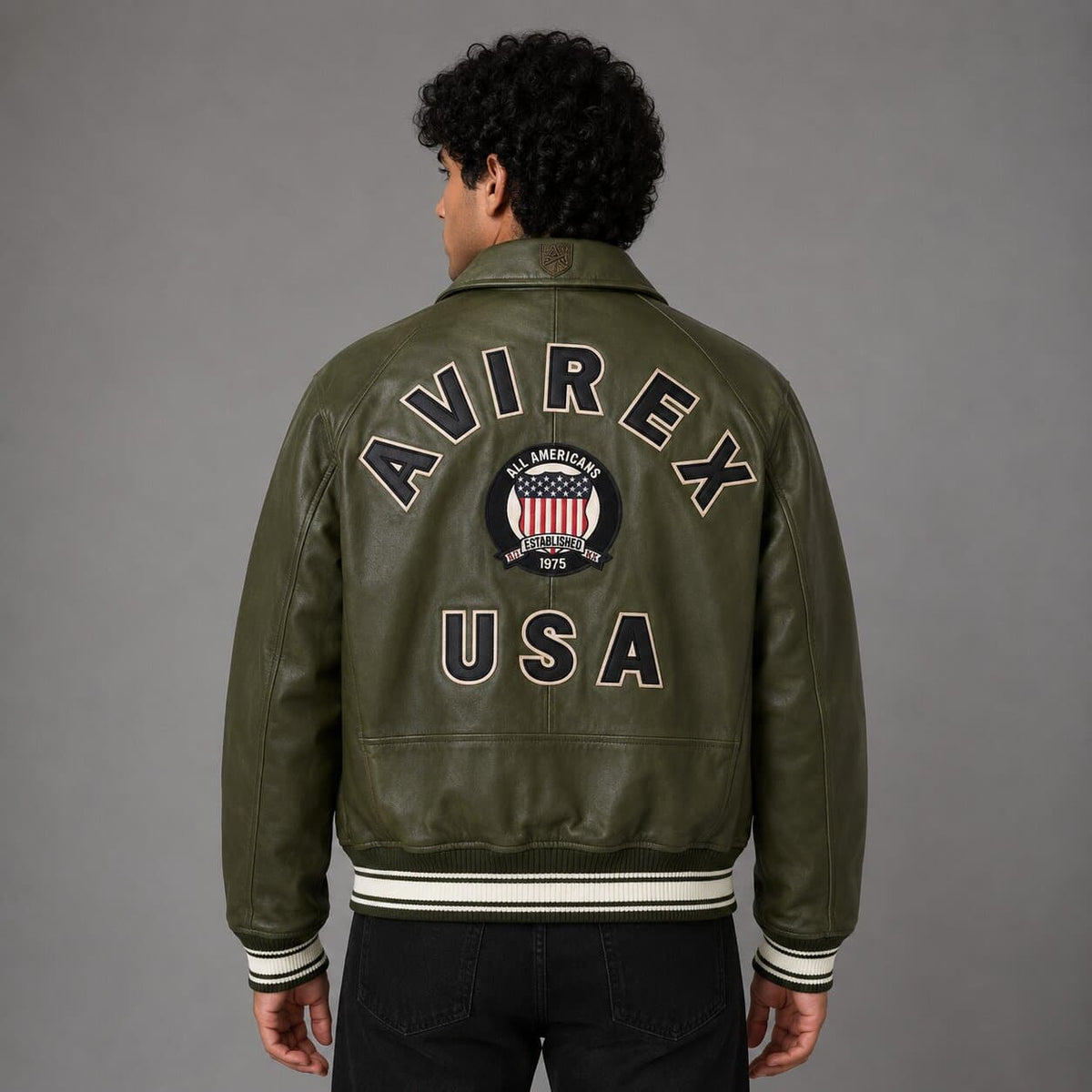 Avirex Green Sheepskin Leather Flight Bomber Jacket for Men