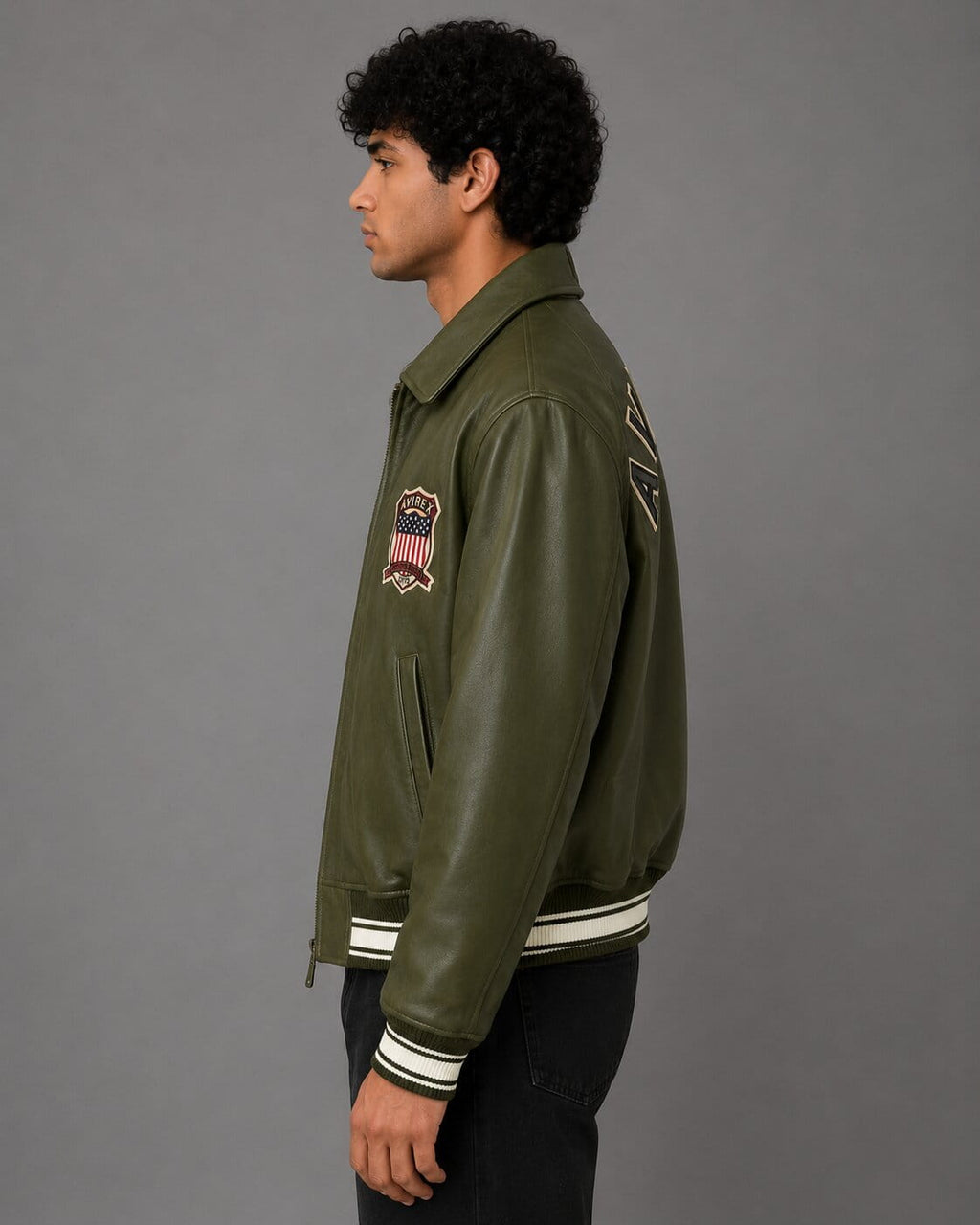 Avirex Green Sheepskin Leather Flight Bomber Jacket for Men