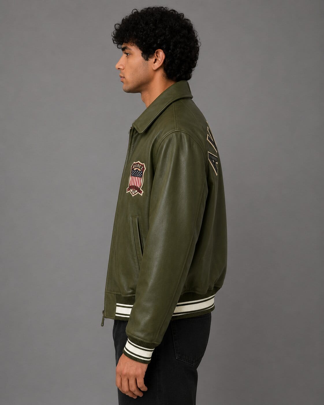 Avirex Green Sheepskin Leather Flight Bomber Jacket for Men