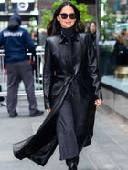 Olivia Munn Midtown NYC 2025 Black Leather Coat