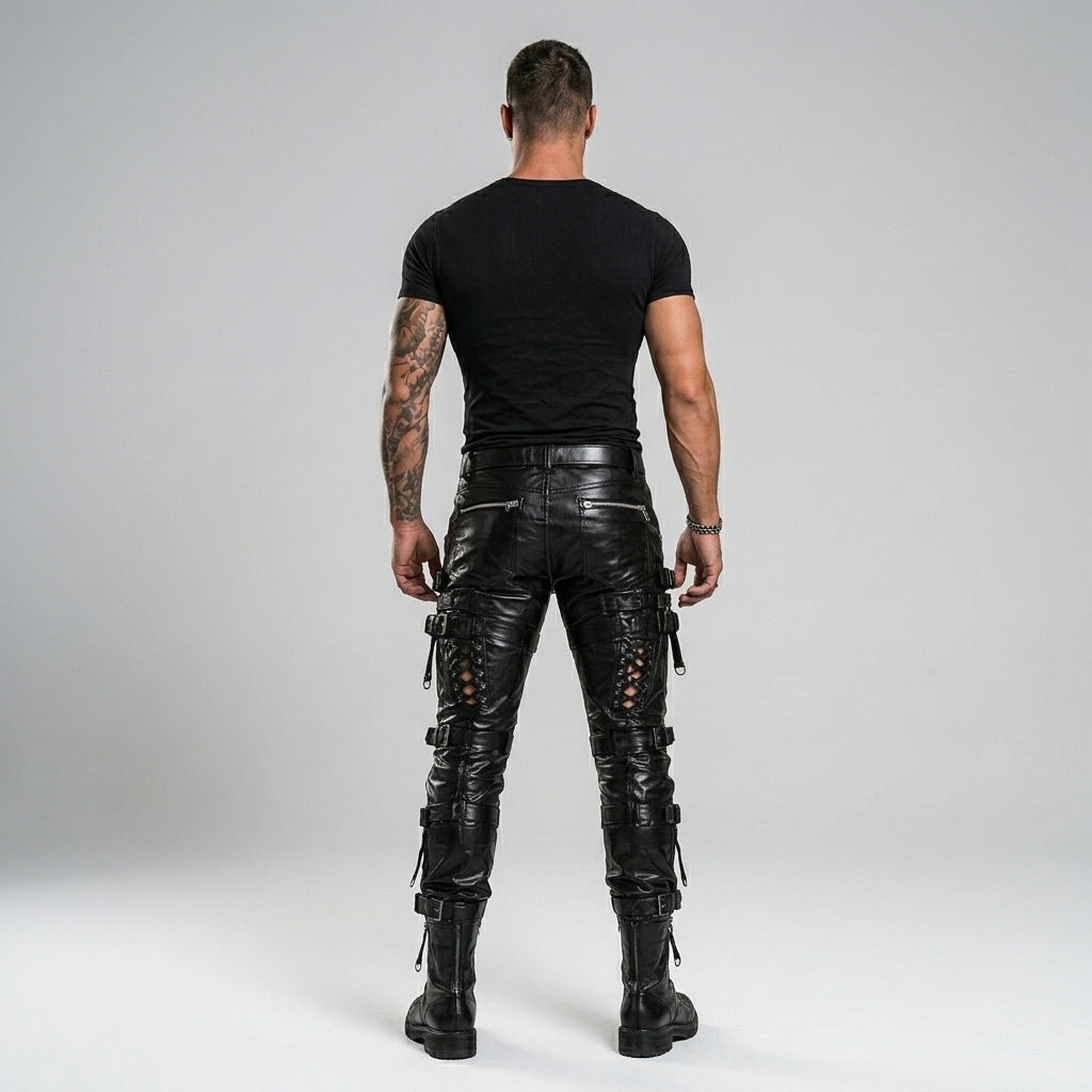 Men’s Gothic Black Sheepskin Leather Pants – Slim Fit Biker Trousers