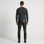 Men’s Black Crocodile Embossed Genuine Leather Biker Pants – Slim Fit Moto Trousers