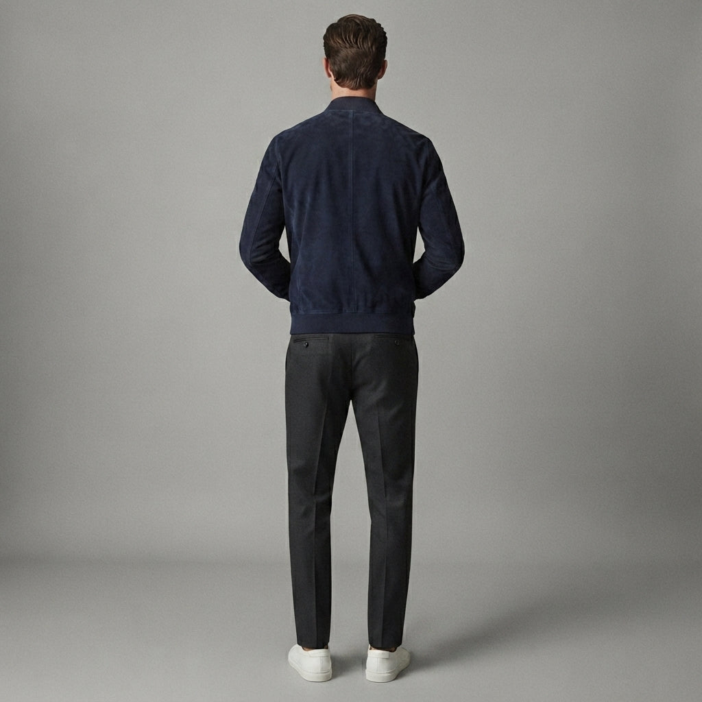 Men's Dark Blue Suede Bomber Jacket - Leather Outlet