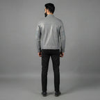 Men's Grey Leather Biker Jacket - Leather Outlet