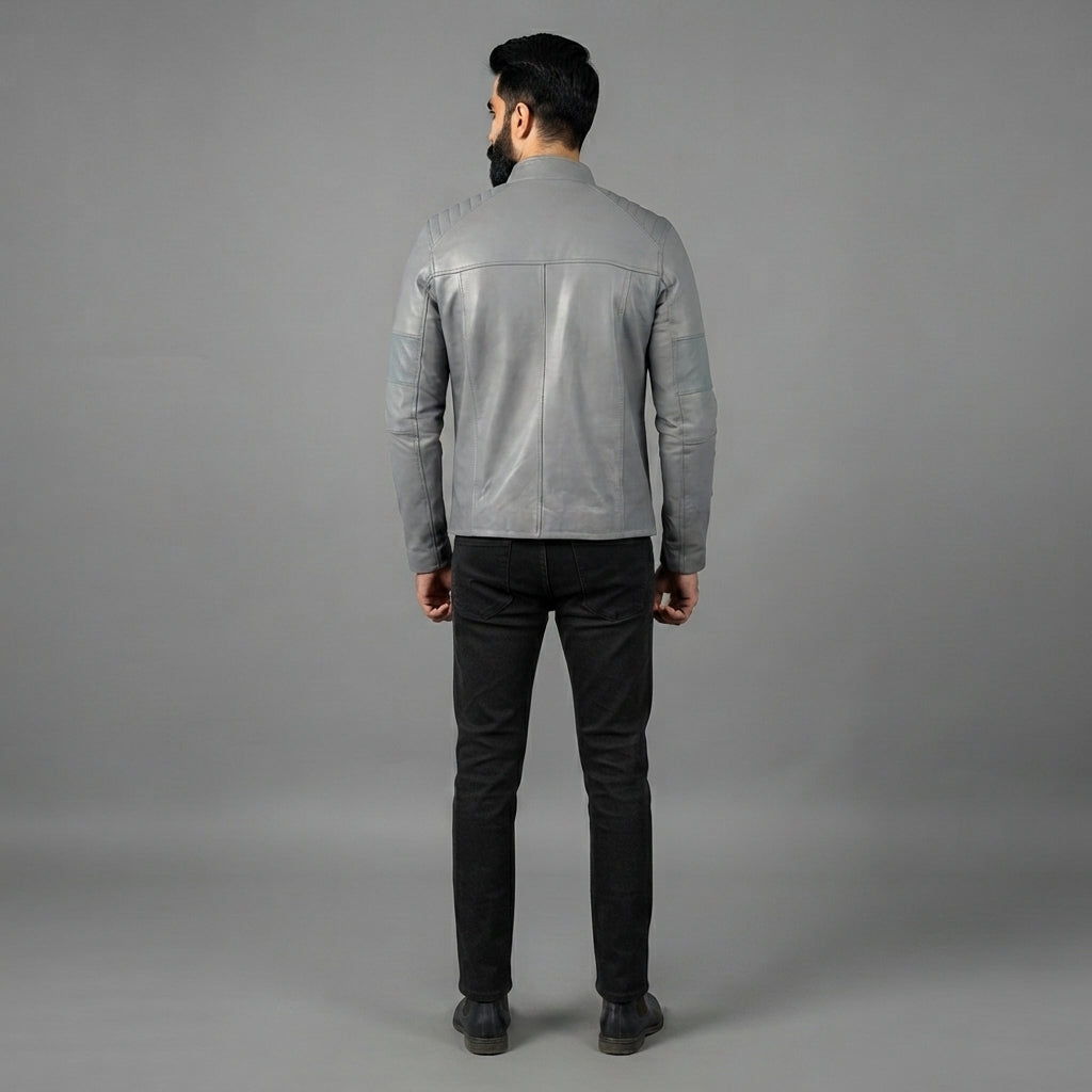 Men's Grey Leather Biker Jacket - Leather Outlet