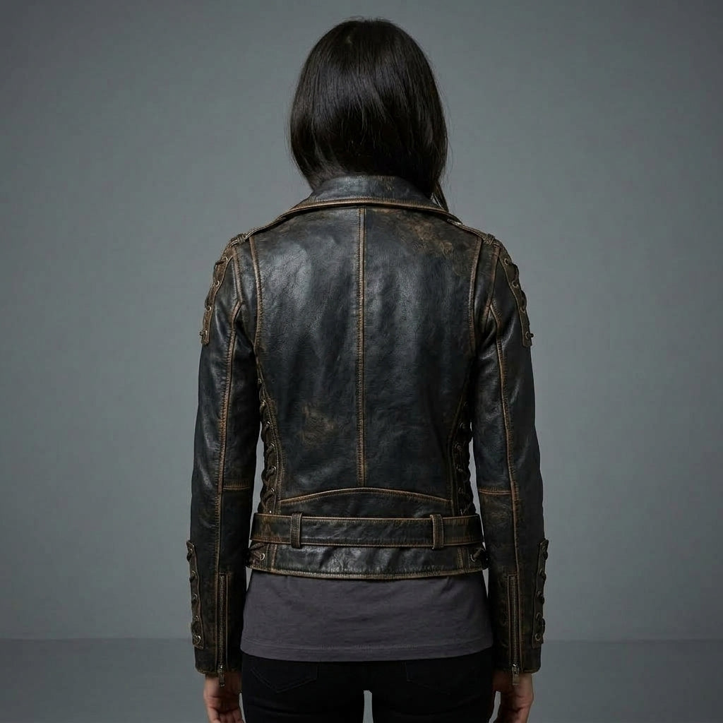 Women's Black Vintage Leather Biker Jacket