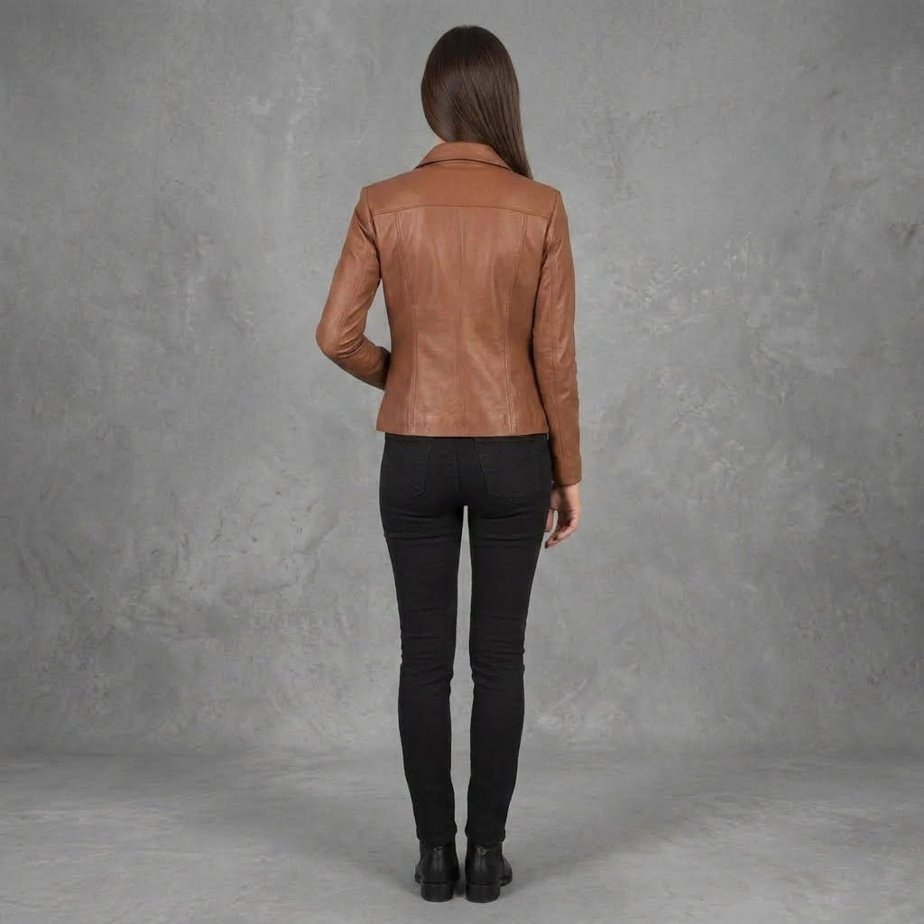 Women's Tan Leather Racer Jacket