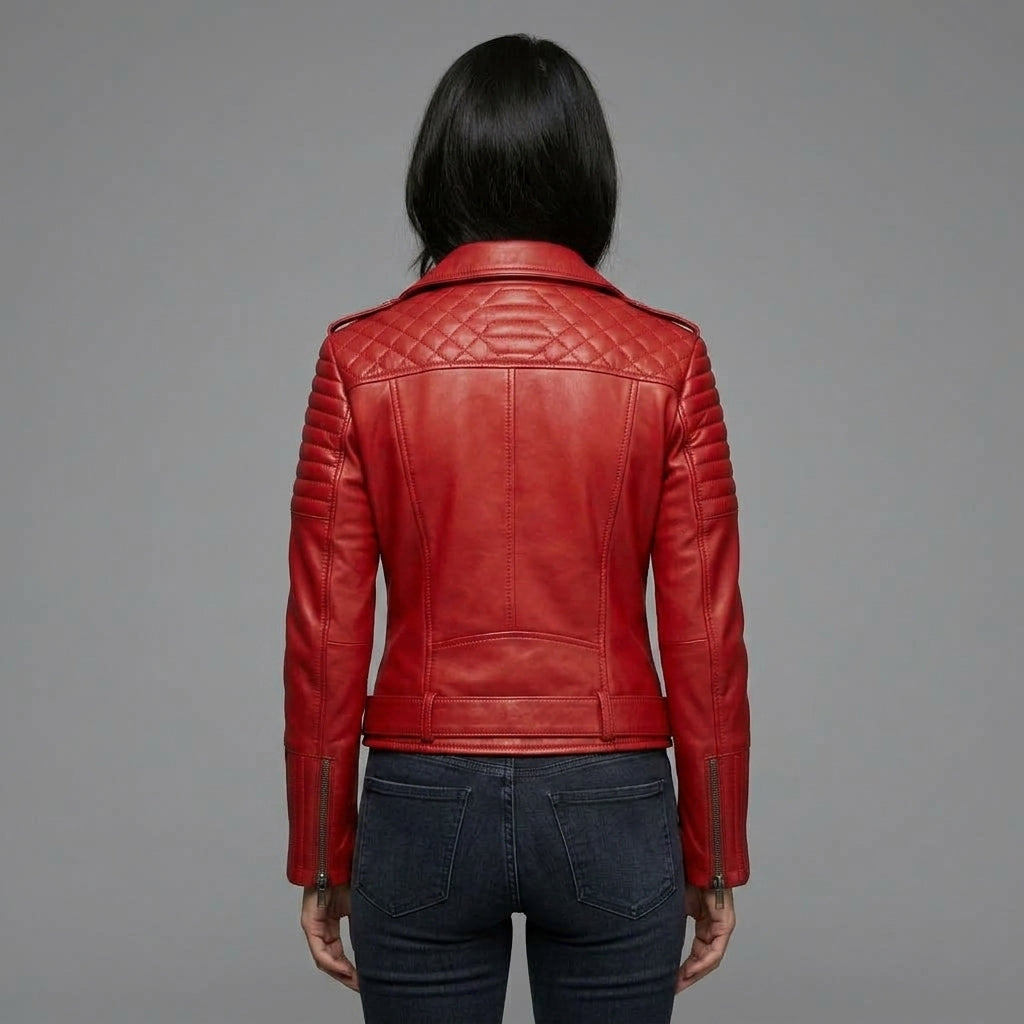 Women's Bright Red Leather Biker Jacket