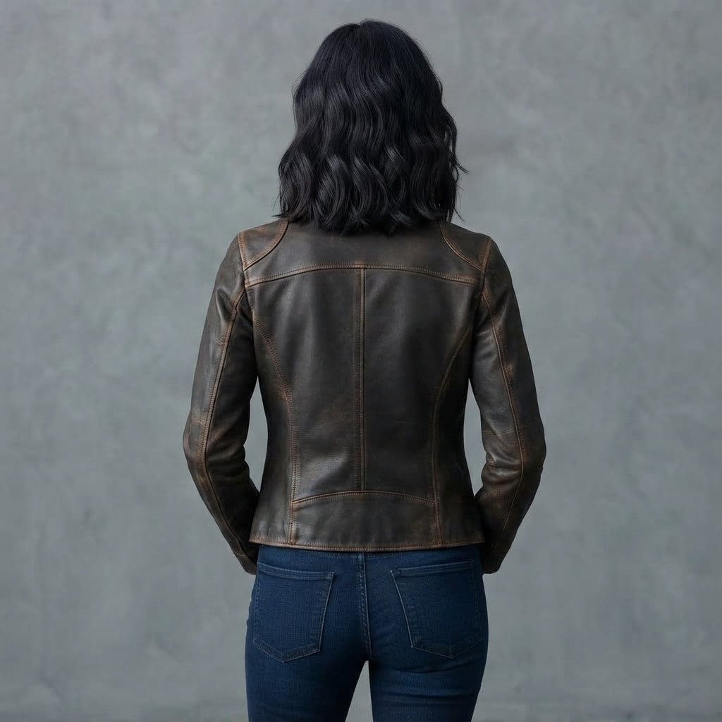 Women's Dark Brown Distressed Leather Jacket