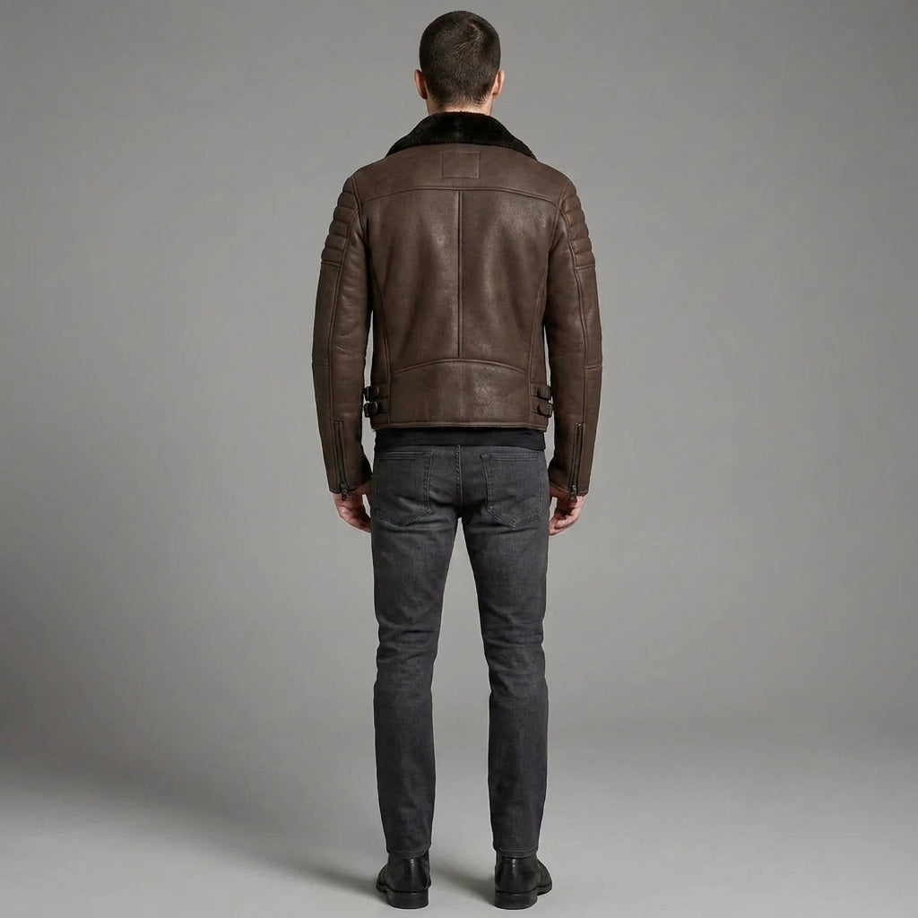 Men's Brown Sheepskin Cafe Racer Leather Jacket - Leather Outlet