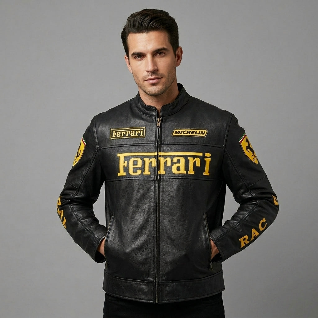 Men’s Ferrari-Inspired Leather Racing Jacket – Real Leather Biker Style