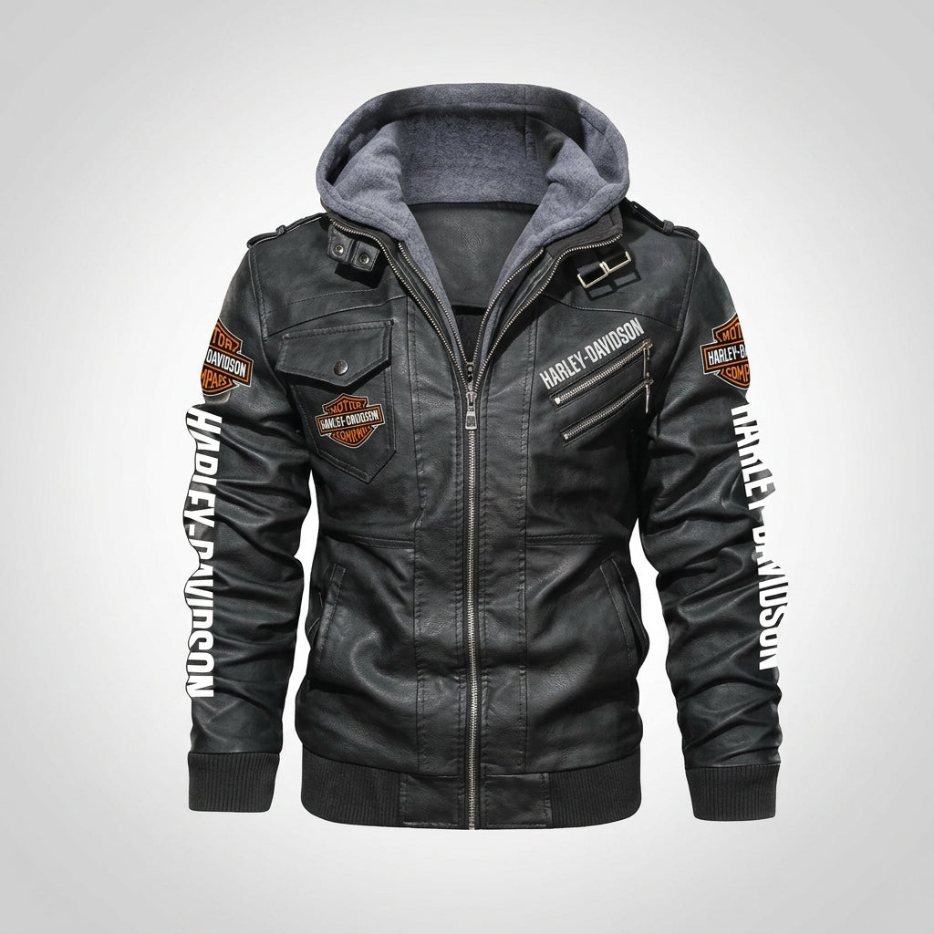 Men’s Black Hooded Cowhide Leather Biker Jacket – Harley-Style Moto