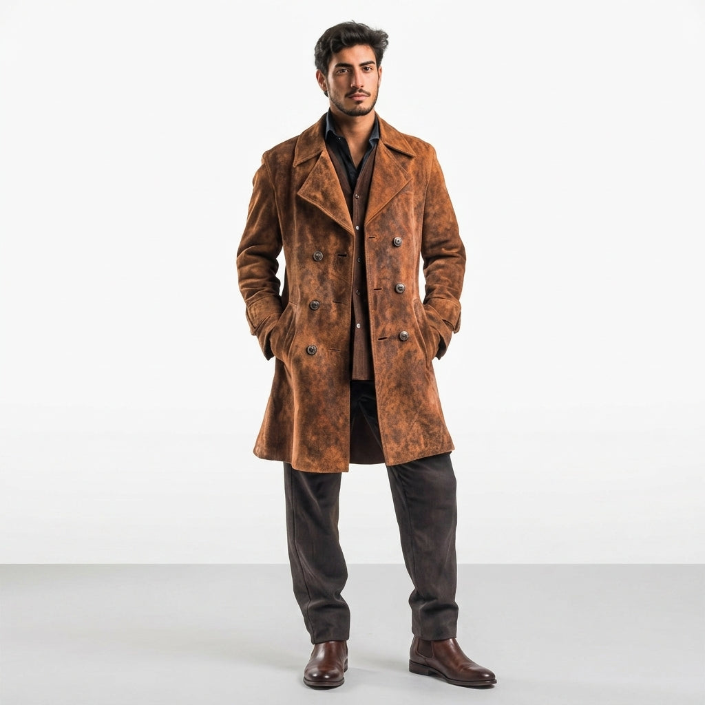 Men’s Vintage Brown Suede Leather Long Coat – Classic Retro Overcoat