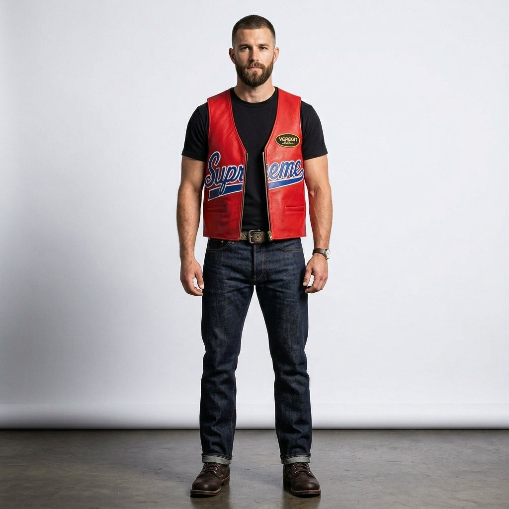 Red Spider Web Leather Vest – Bold Streetwear Biker Style