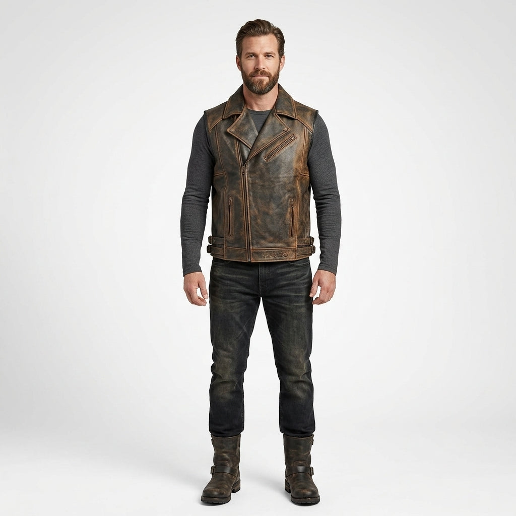 Distressed Leather Biker Vest for Men – Classic Harley Style