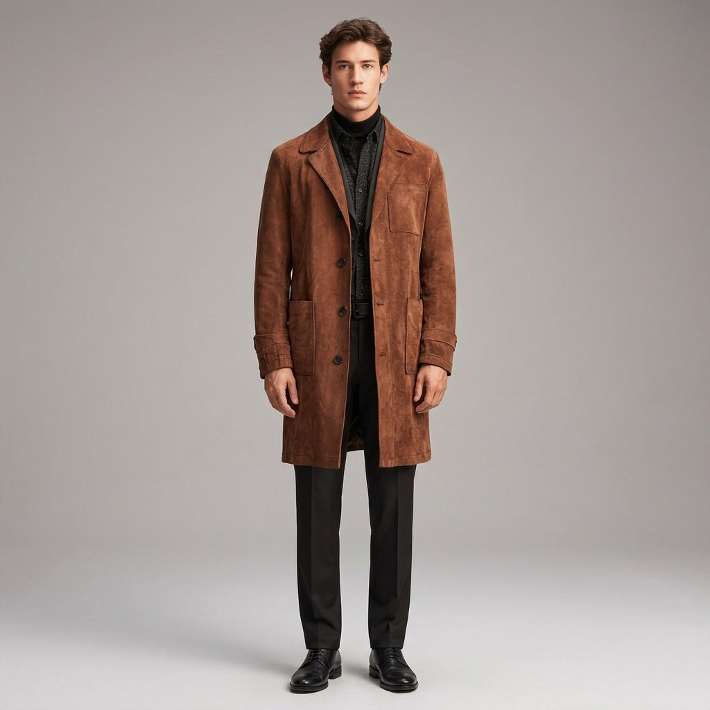 Men’s Vintage Brown Suede Trench Coat – Classic Button-Up Long Overcoat