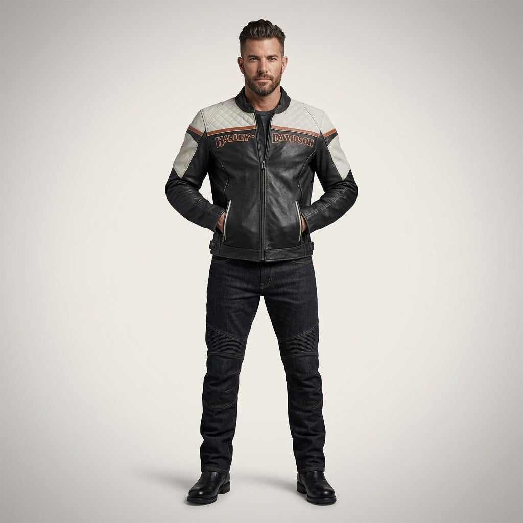 Men’s Classic Leather Biker Jacket – Harley Style Rider Edition
