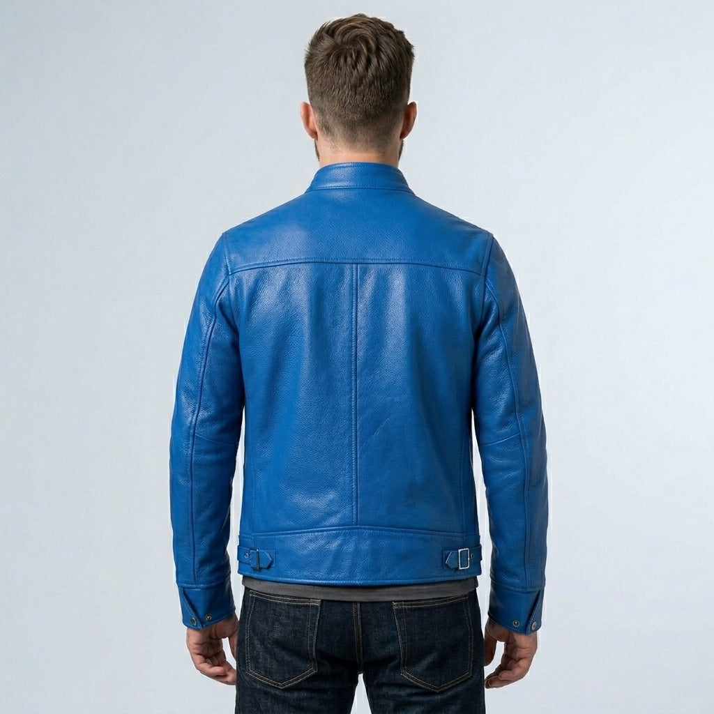 Men’s Blue Trucker Style Cafe Racer Leather Jacket – Motorcycle Biker Jacket