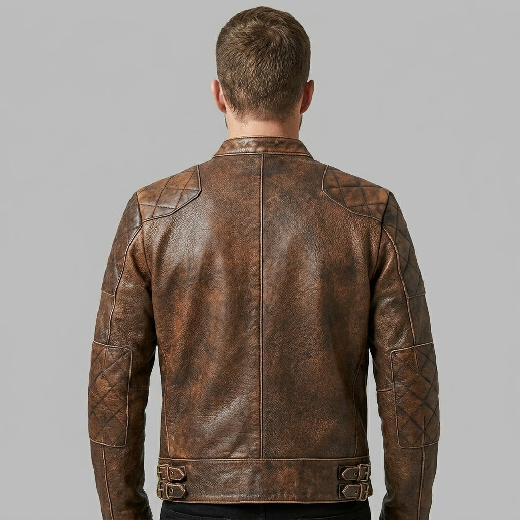 Men’s Brown Distressed Cafe Racer Leather Jacket – Vintage Biker Coat