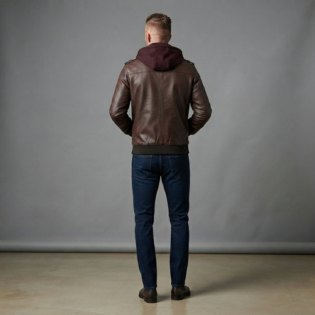 Men's Dark Brown Hooded Leather Bomber Jacket - Leather Outlet