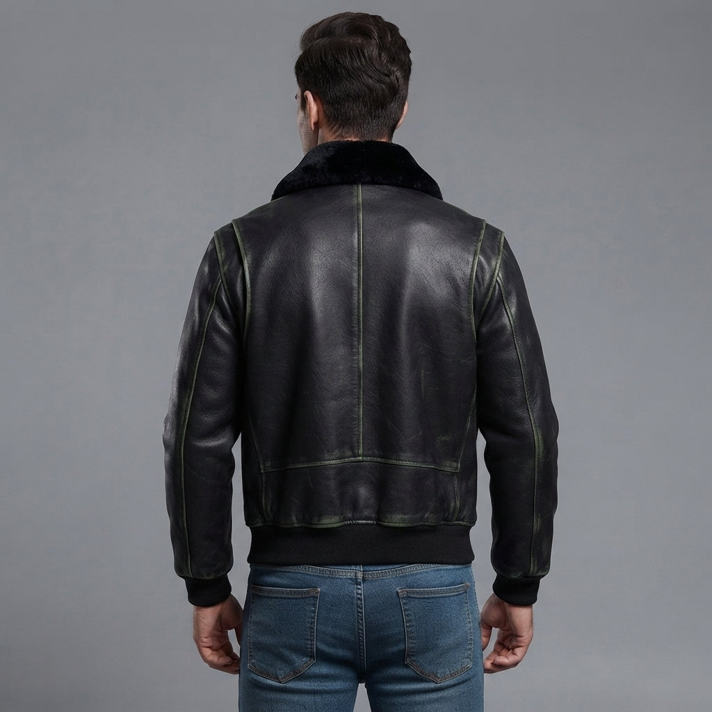 Men's Black Leather Military Jacket - Leather Outlet