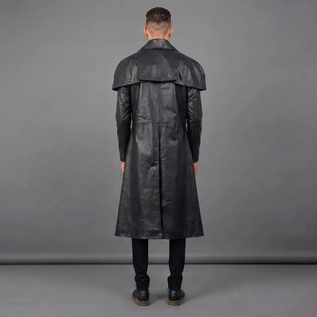 Men's Black Leather Duster Coat Long - Leather Outlet