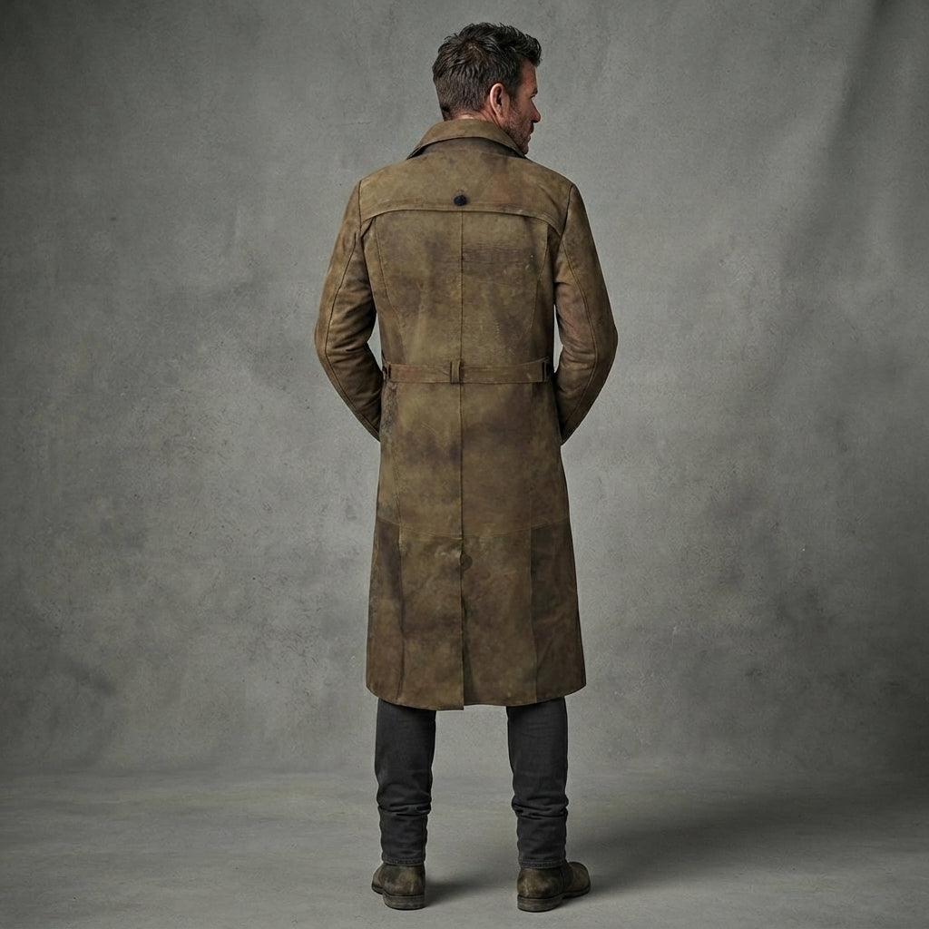 Men's Army Brown Leather Duster Coat - Leather Outlet