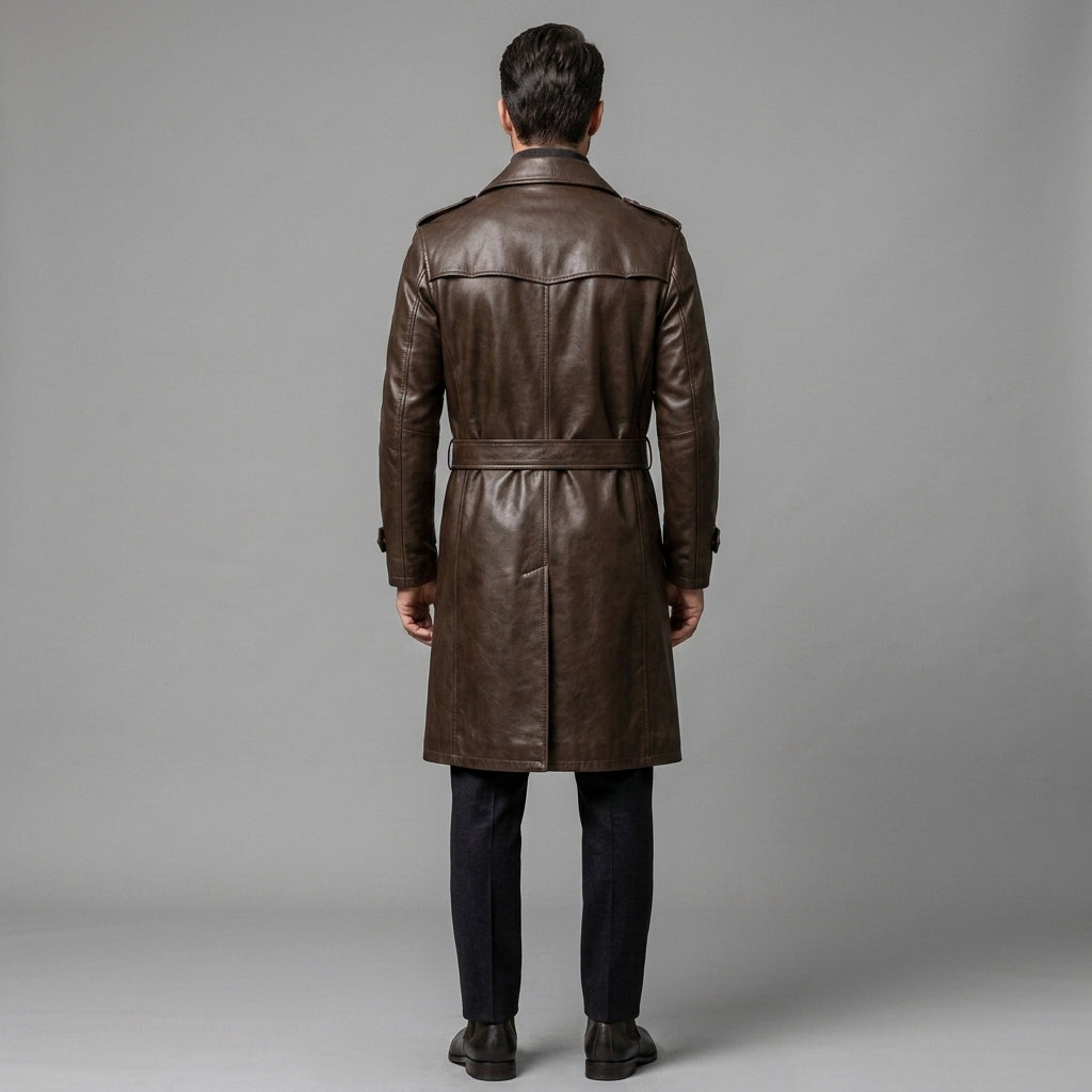 Men's Chocolate Brown Leather Trench Coat - Leather Outlet