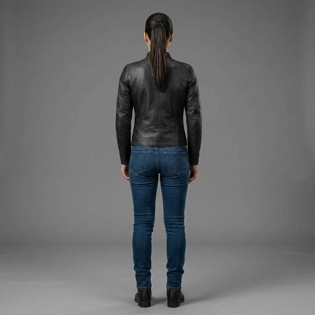 Women's Black Stand Collar Leather Jacket