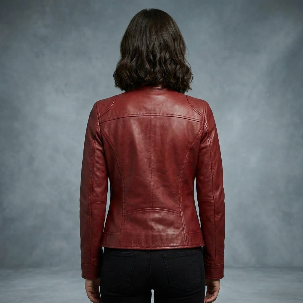 Women's Burgundy Cafe Racer Leather Jacket