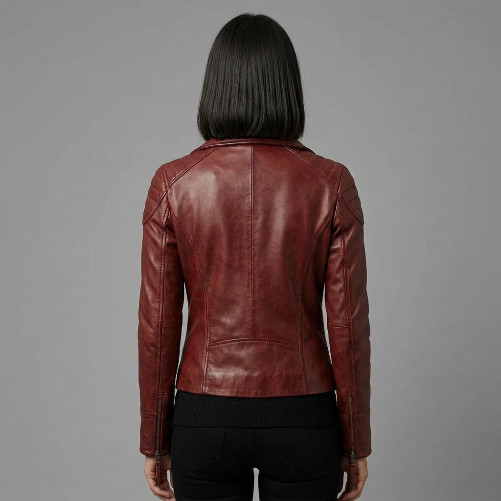 Women's Burgundy Leather Biker Jacket