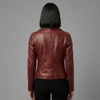 Women's Burgundy Leather Biker Jacket